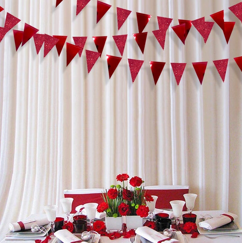 pinkblume 30Ft Red Party Decorations Glitter Metallic Paper Triangle Banner Flag Pennant Bunting for Graduation Wedding Engagement Anniversary Bachelorette Birthday Bridal Shower Valentines Hen Party Supplies - Image 4